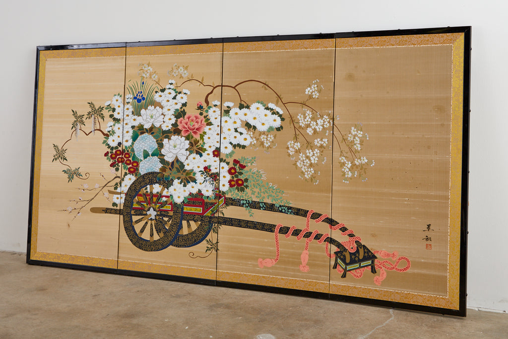 Japanese Four-Panel Showa Screen Hanaguruma Flower Cart