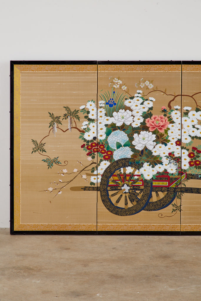 Japanese Four-Panel Showa Screen Hanaguruma Flower Cart