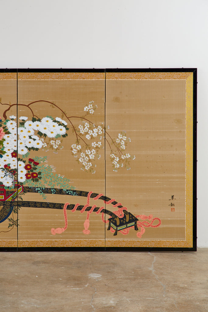 Japanese Four-Panel Showa Screen Hanaguruma Flower Cart