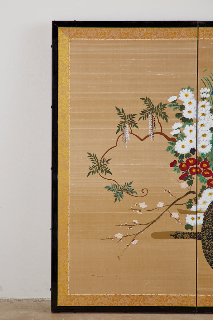 Japanese Four-Panel Showa Screen Hanaguruma Flower Cart