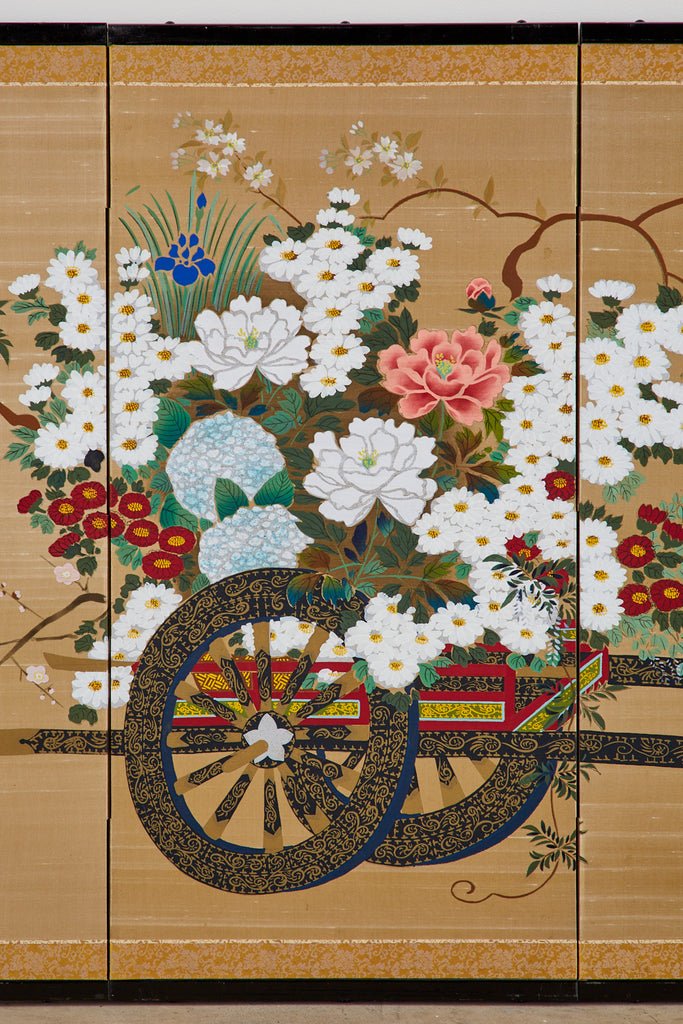 Japanese Four-Panel Showa Screen Hanaguruma Flower Cart
