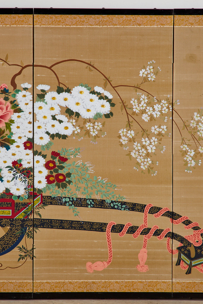Japanese Four-Panel Showa Screen Hanaguruma Flower Cart