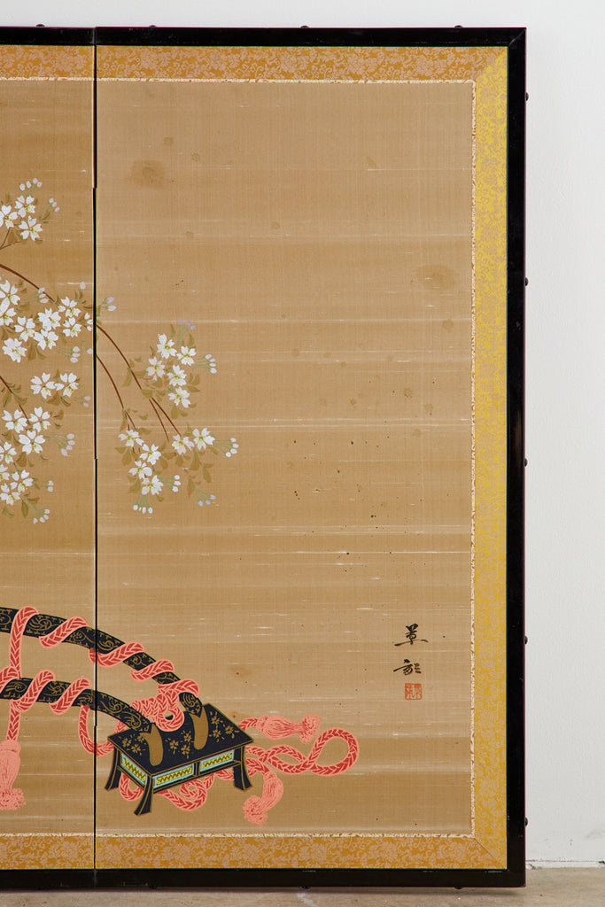 Japanese Four-Panel Showa Screen Hanaguruma Flower Cart