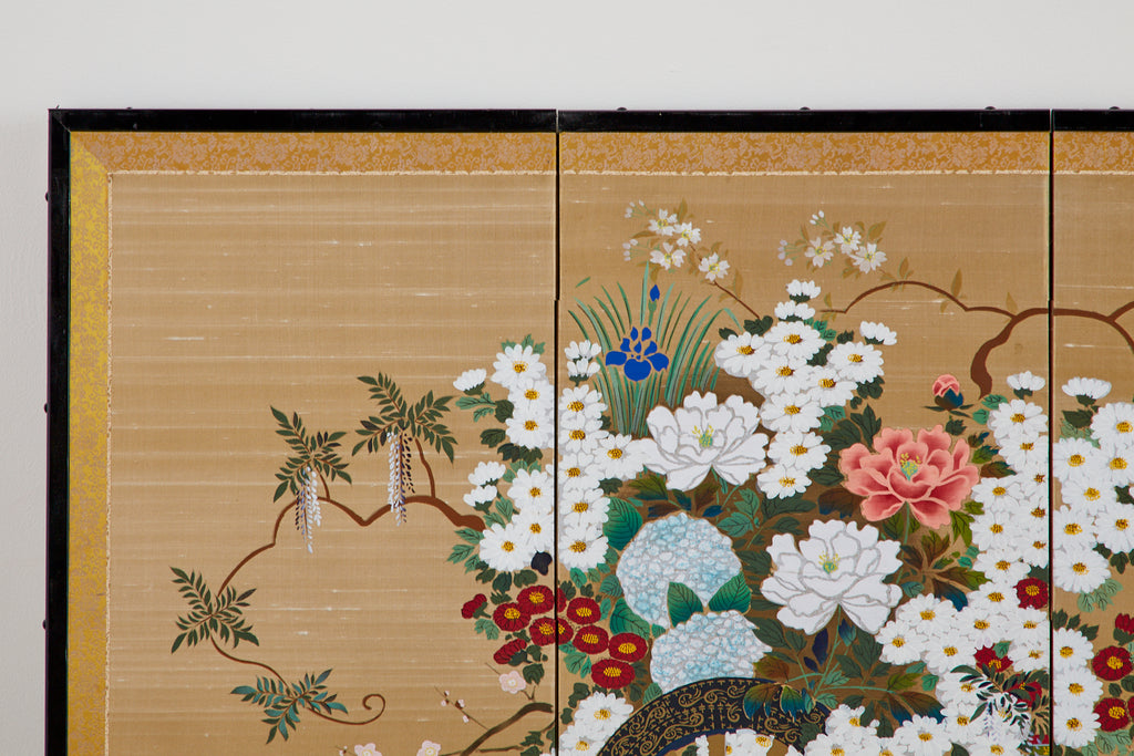 Japanese Four-Panel Showa Screen Hanaguruma Flower Cart