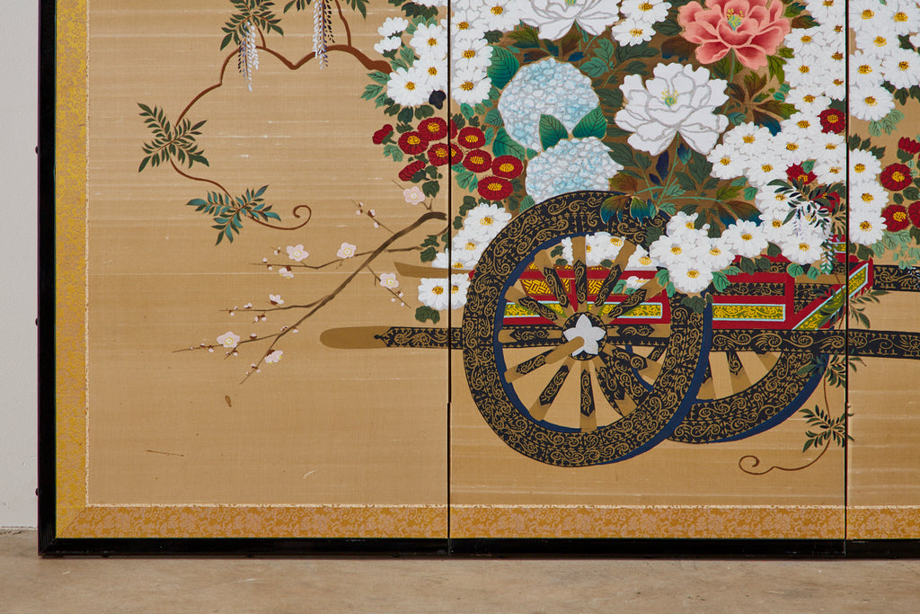 Japanese Four-Panel Showa Screen Hanaguruma Flower Cart
