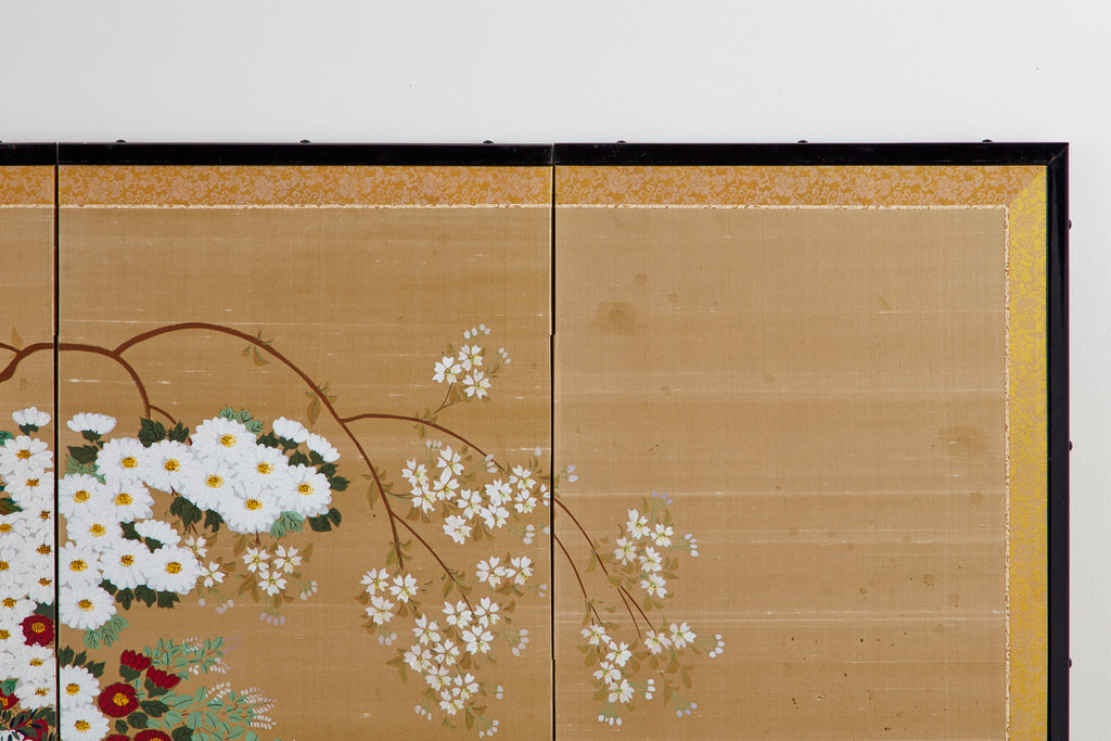 Japanese Four-Panel Showa Screen Hanaguruma Flower Cart