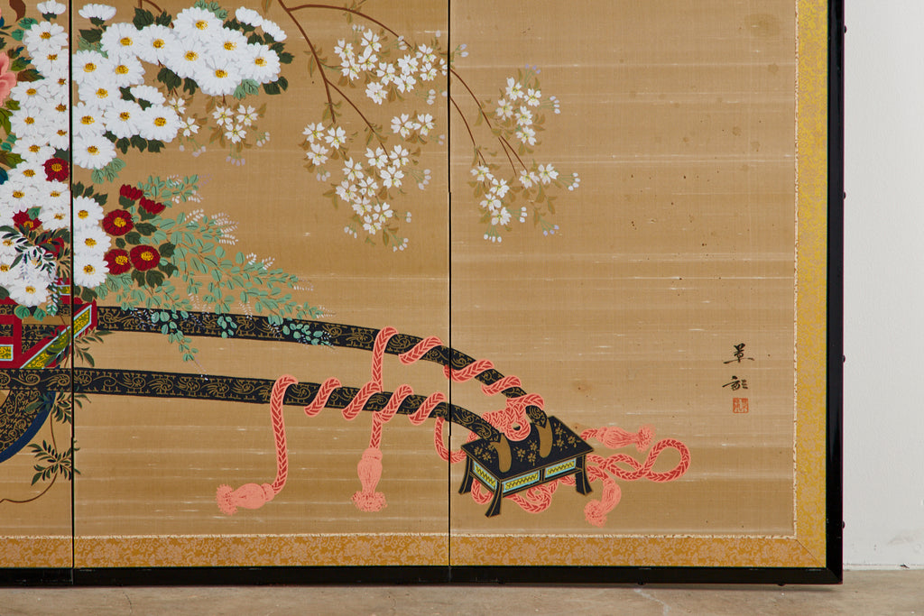 Japanese Four-Panel Showa Screen Hanaguruma Flower Cart