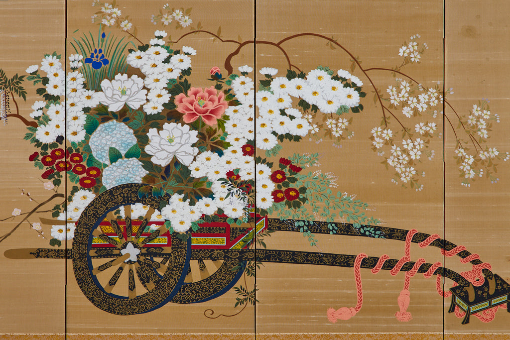 Japanese Four-Panel Showa Screen Hanaguruma Flower Cart