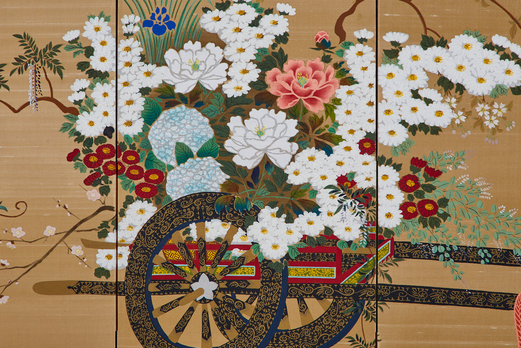 Japanese Four-Panel Showa Screen Hanaguruma Flower Cart