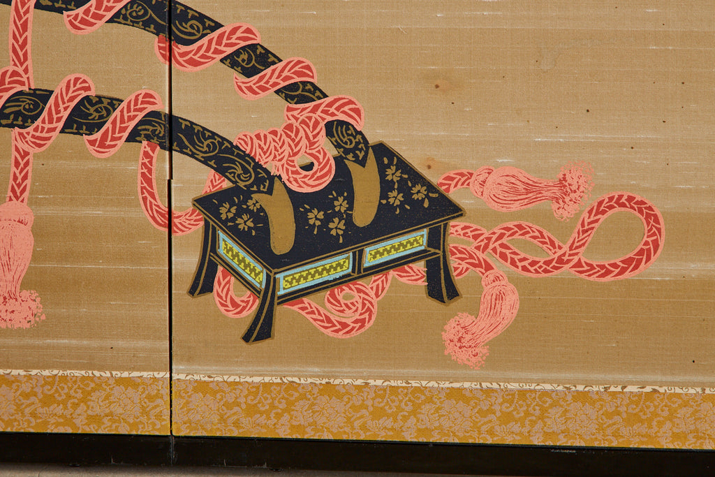 Japanese Four-Panel Showa Screen Hanaguruma Flower Cart