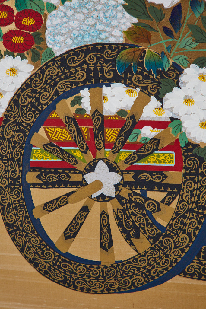 Japanese Four-Panel Showa Screen Hanaguruma Flower Cart
