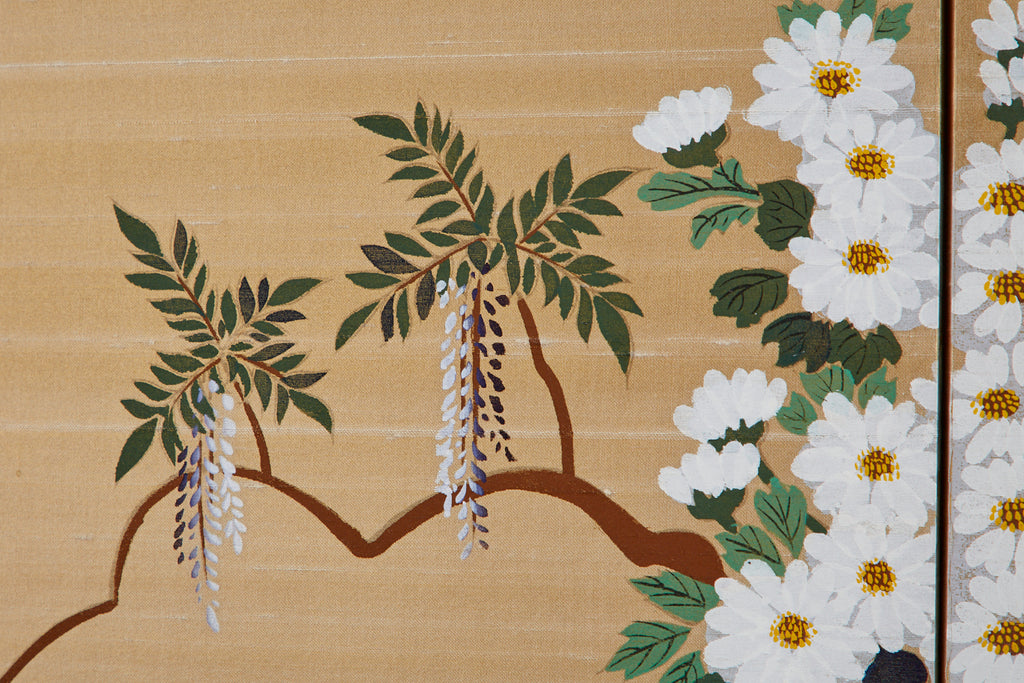 Japanese Four-Panel Showa Screen Hanaguruma Flower Cart