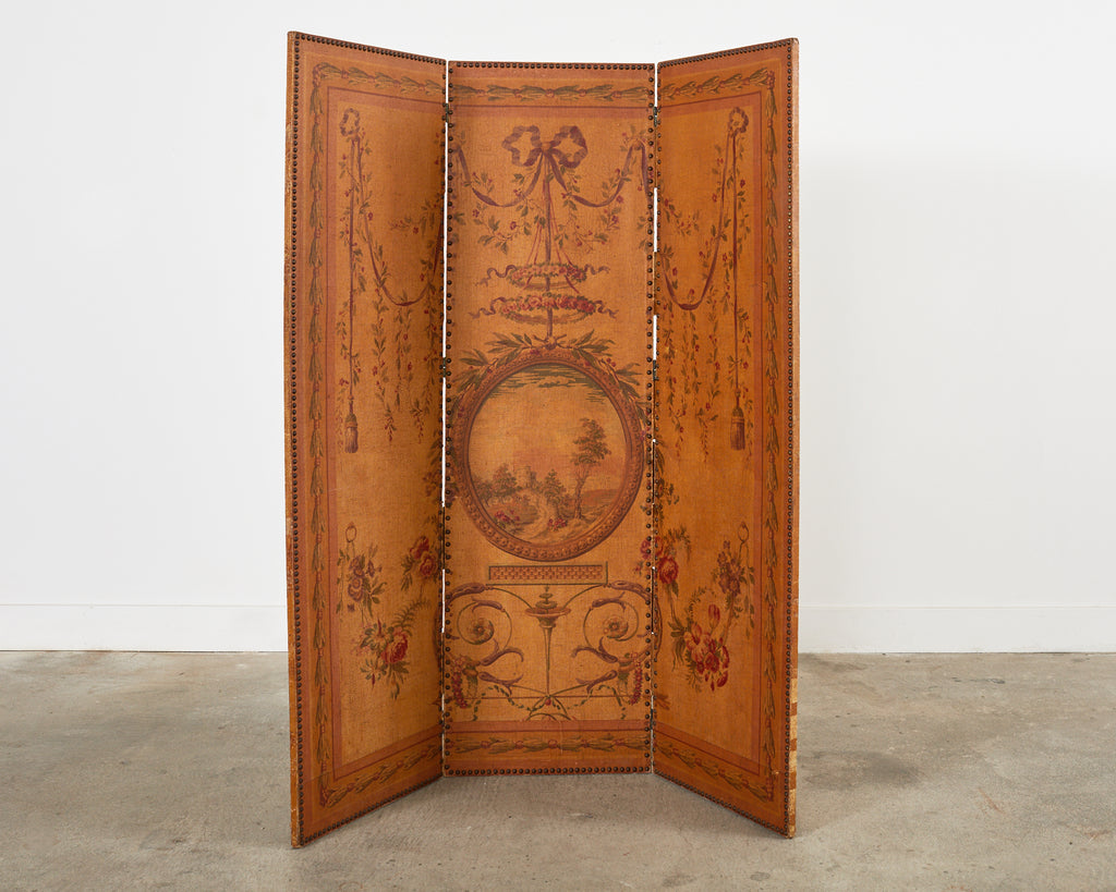 English Victorian Adam Style Three Panel Folding Screen