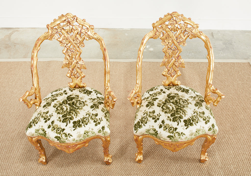 Set of Eight Italian Giltwood Faux Bois Dining Chairs