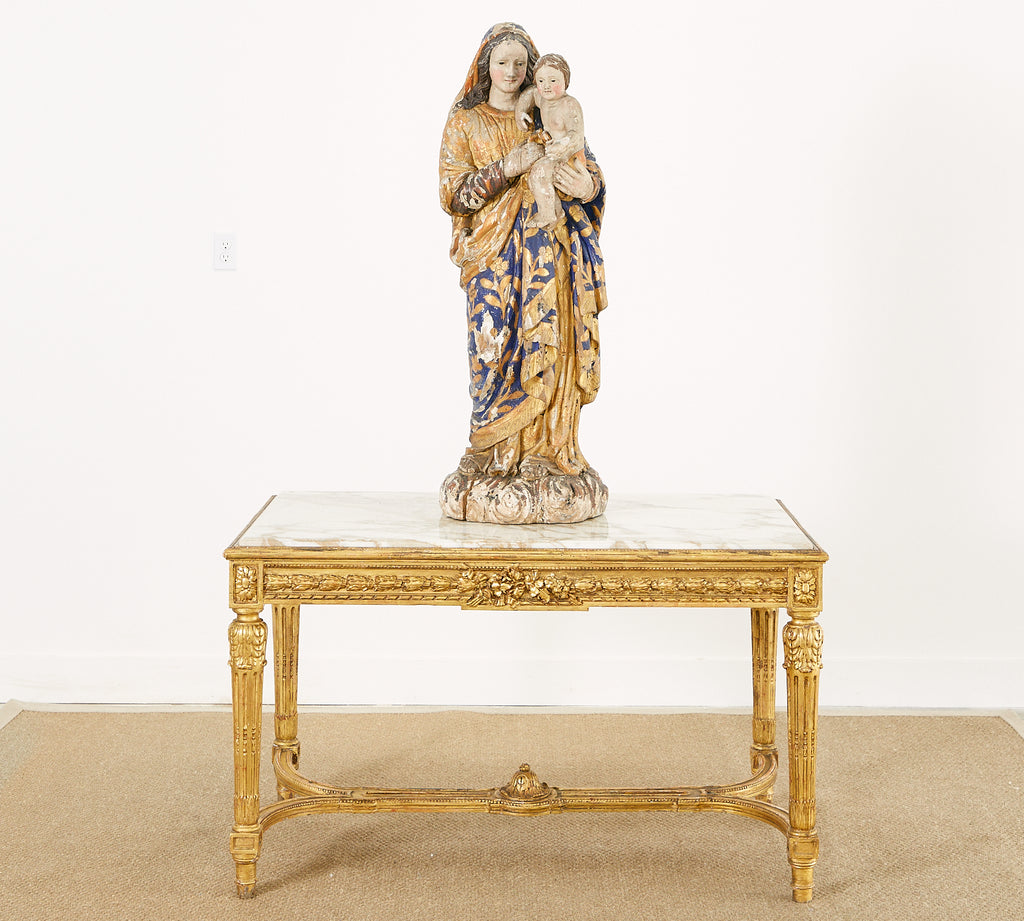 19th Century Louis XVI Style Giltwood Marble Top Library Table