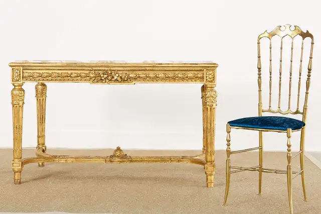 19th Century Louis XVI Style Giltwood Marble Top Library Table