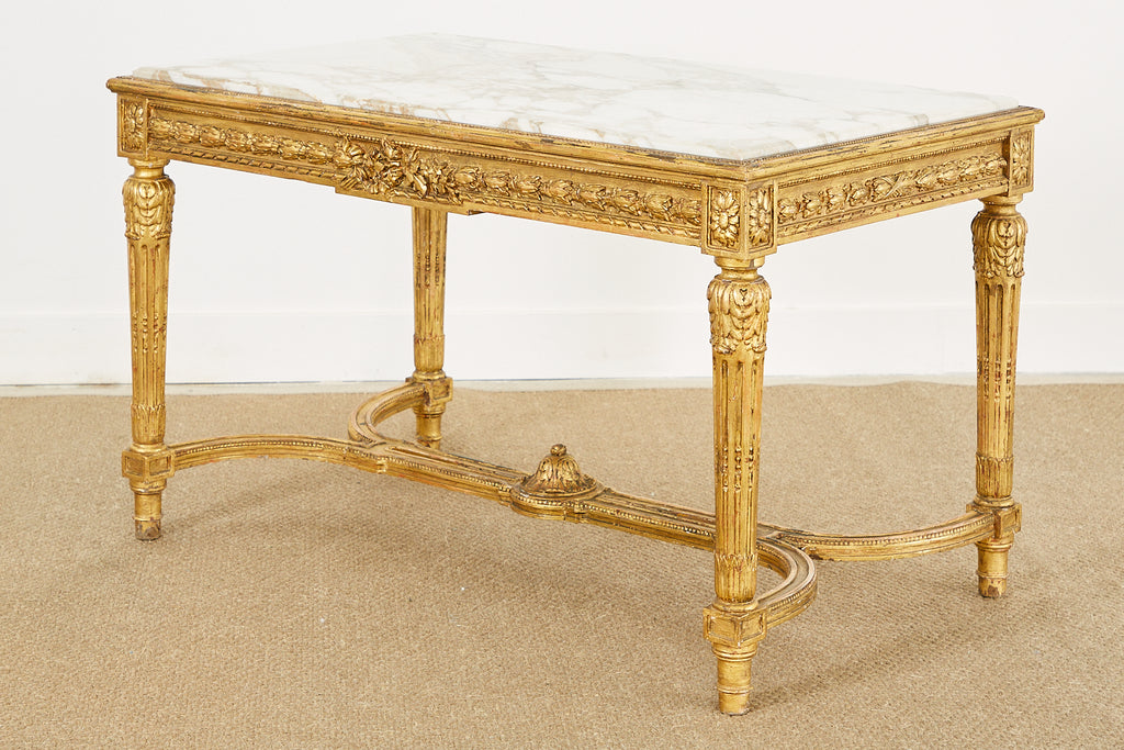 19th Century Louis XVI Style Giltwood Marble Top Library Table