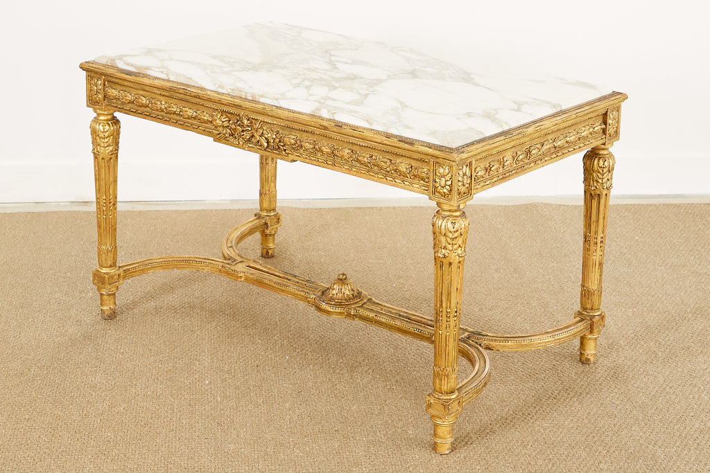 19th Century Louis XVI Style Giltwood Marble Top Library Table