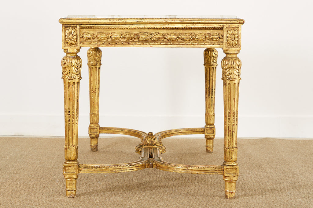 19th Century Louis XVI Style Giltwood Marble Top Library Table