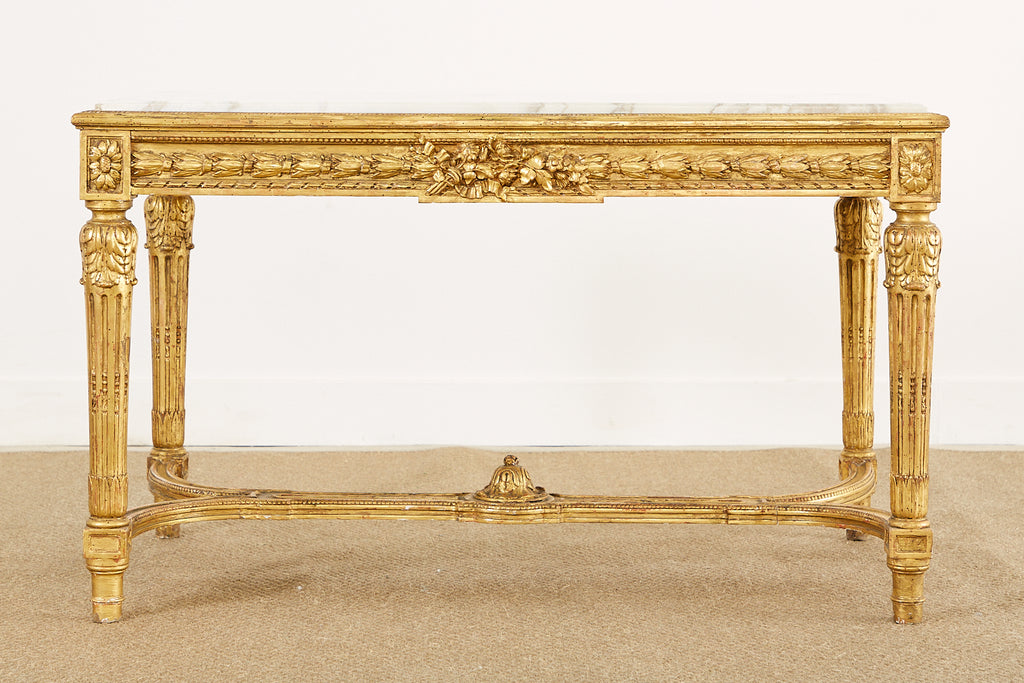 19th Century Louis XVI Style Giltwood Marble Top Library Table