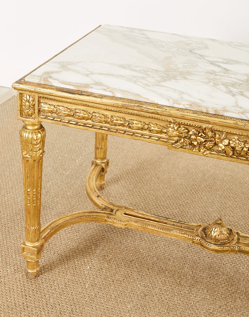 19th Century Louis XVI Style Giltwood Marble Top Library Table