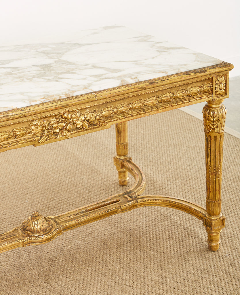 19th Century Louis XVI Style Giltwood Marble Top Library Table
