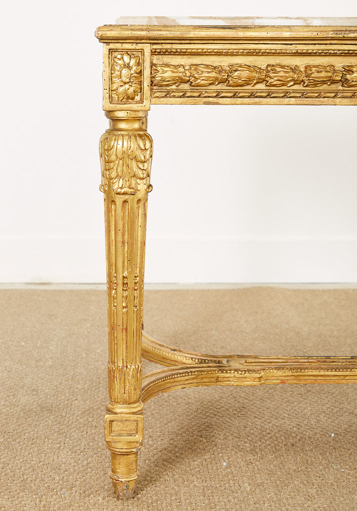19th Century Louis XVI Style Giltwood Marble Top Library Table