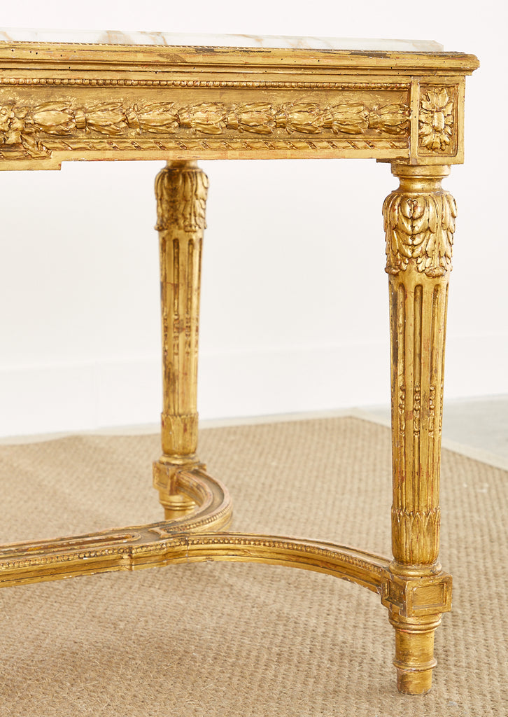 19th Century Louis XVI Style Giltwood Marble Top Library Table