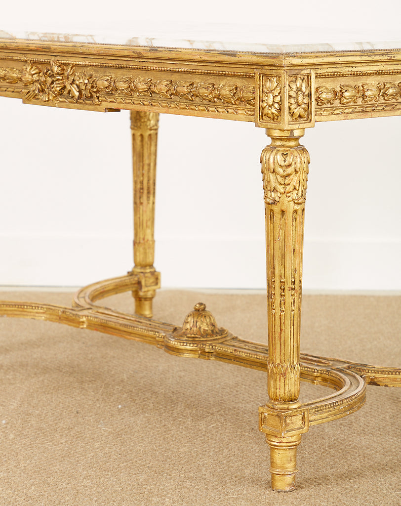 19th Century Louis XVI Style Giltwood Marble Top Library Table