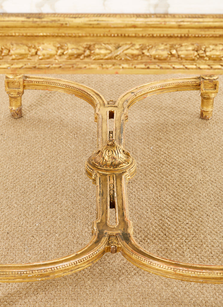 19th Century Louis XVI Style Giltwood Marble Top Library Table