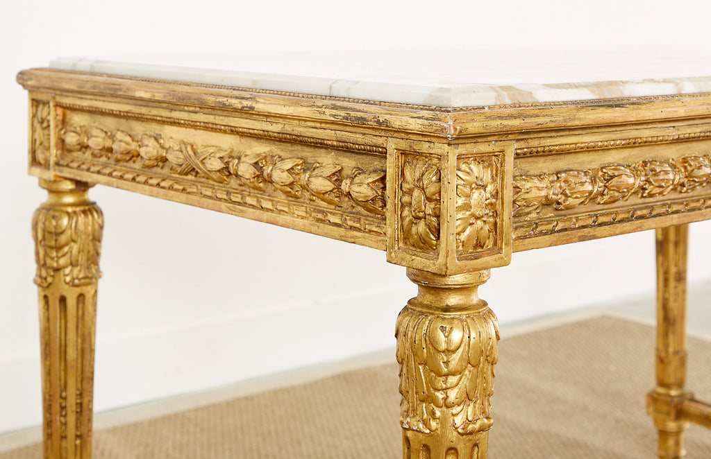 19th Century Louis XVI Style Giltwood Marble Top Library Table