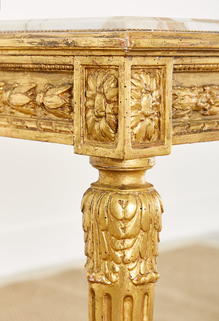 19th Century Louis XVI Style Giltwood Marble Top Library Table