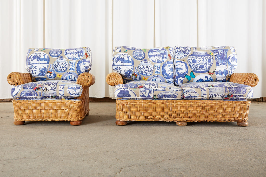 Wicker Rattan Settee and Armchair Chinoiserie Blue and White Upholstery