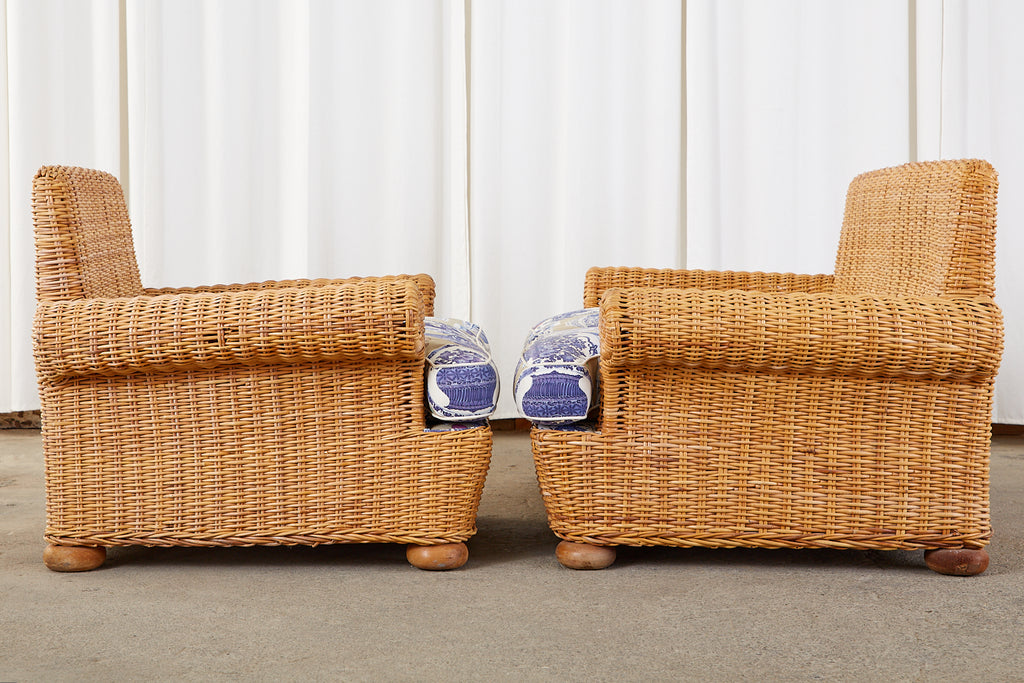 Wicker Rattan Settee and Armchair Chinoiserie Blue and White Upholstery