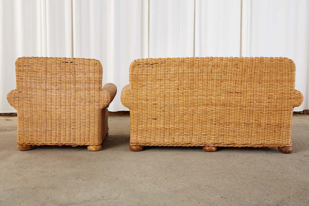 Wicker Rattan Settee and Armchair Chinoiserie Blue and White Upholstery