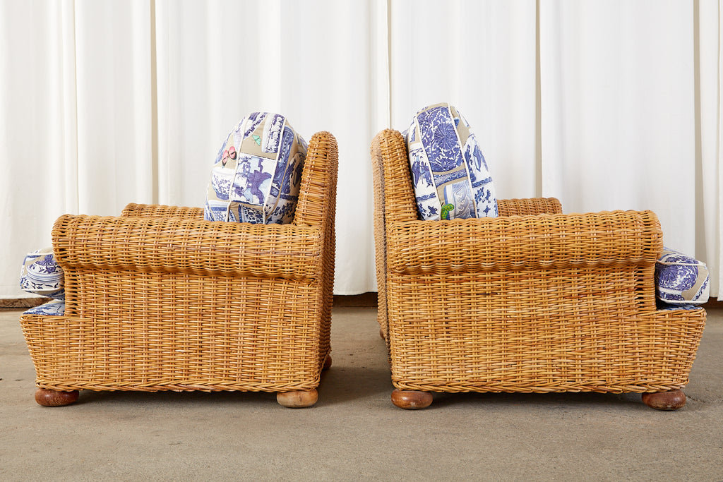 Wicker Rattan Settee and Armchair Chinoiserie Blue and White Upholstery