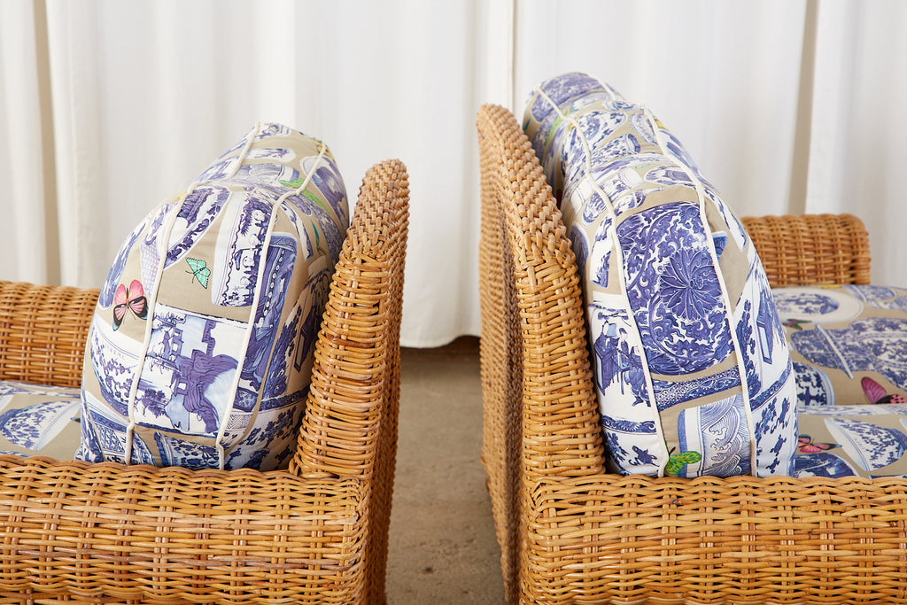 Wicker Rattan Settee and Armchair Chinoiserie Blue and White Upholstery