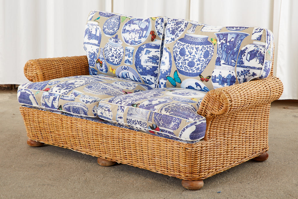 Wicker Rattan Settee and Armchair Chinoiserie Blue and White Upholstery