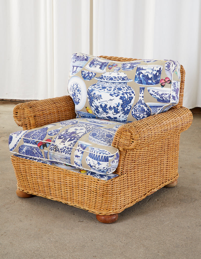 Wicker Rattan Settee and Armchair Chinoiserie Blue and White Upholstery
