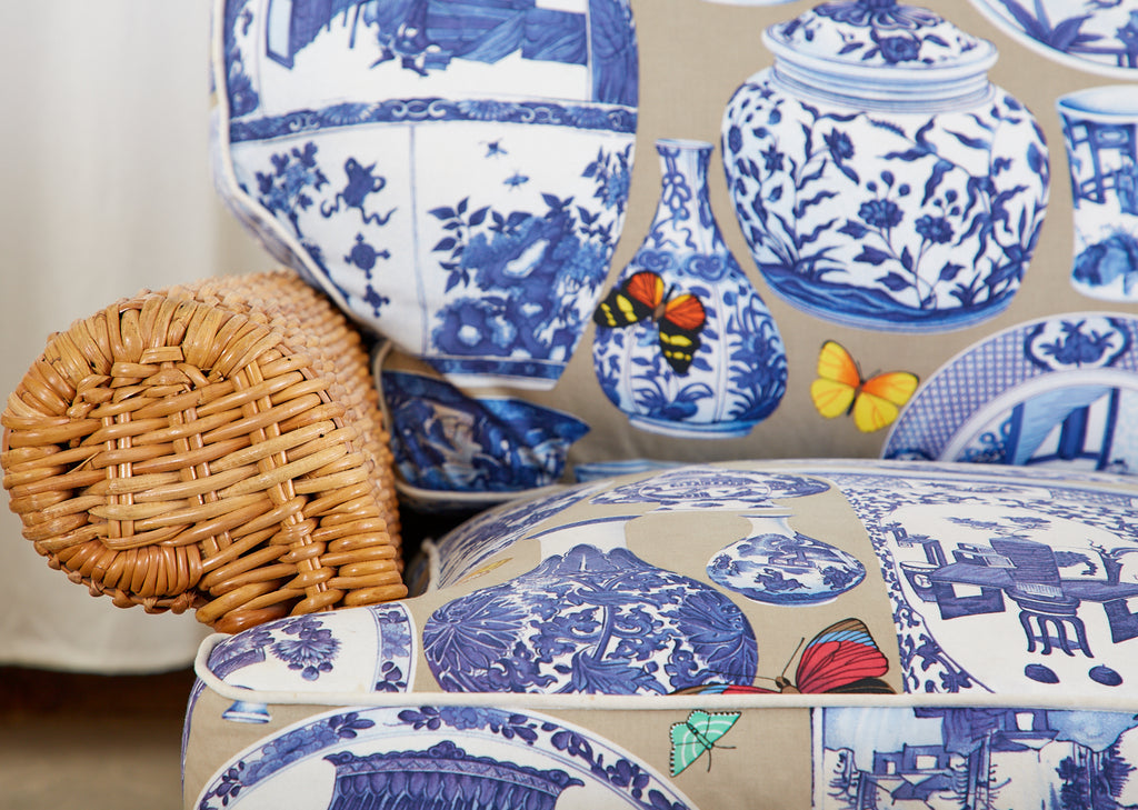 Wicker Rattan Settee and Armchair Chinoiserie Blue and White Upholstery