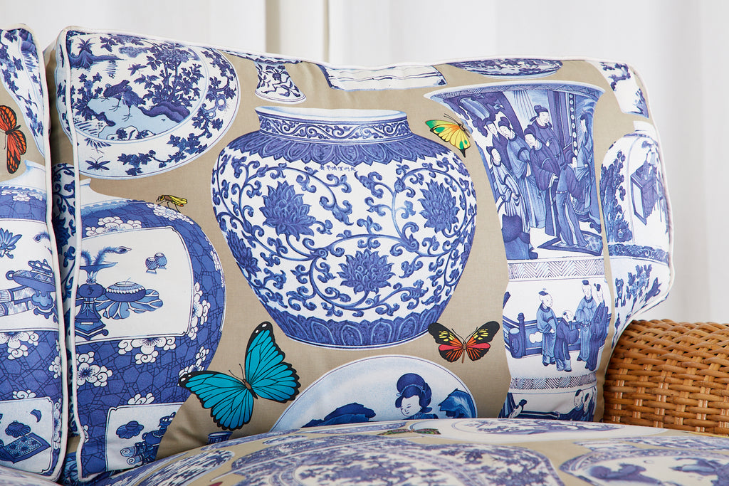Wicker Rattan Settee and Armchair Chinoiserie Blue and White Upholstery