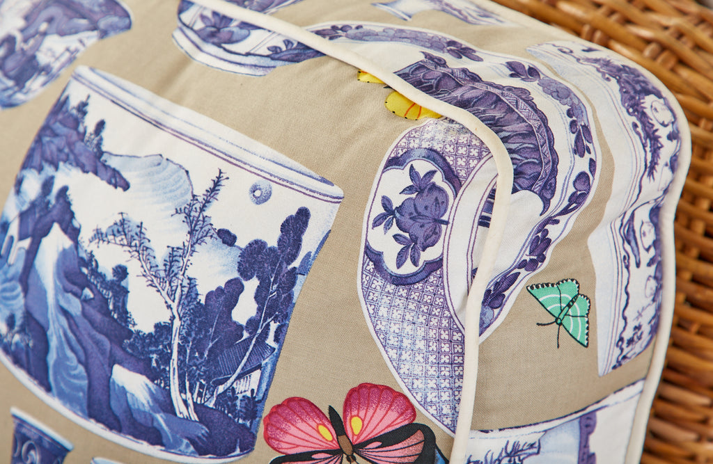 Wicker Rattan Settee and Armchair Chinoiserie Blue and White Upholstery