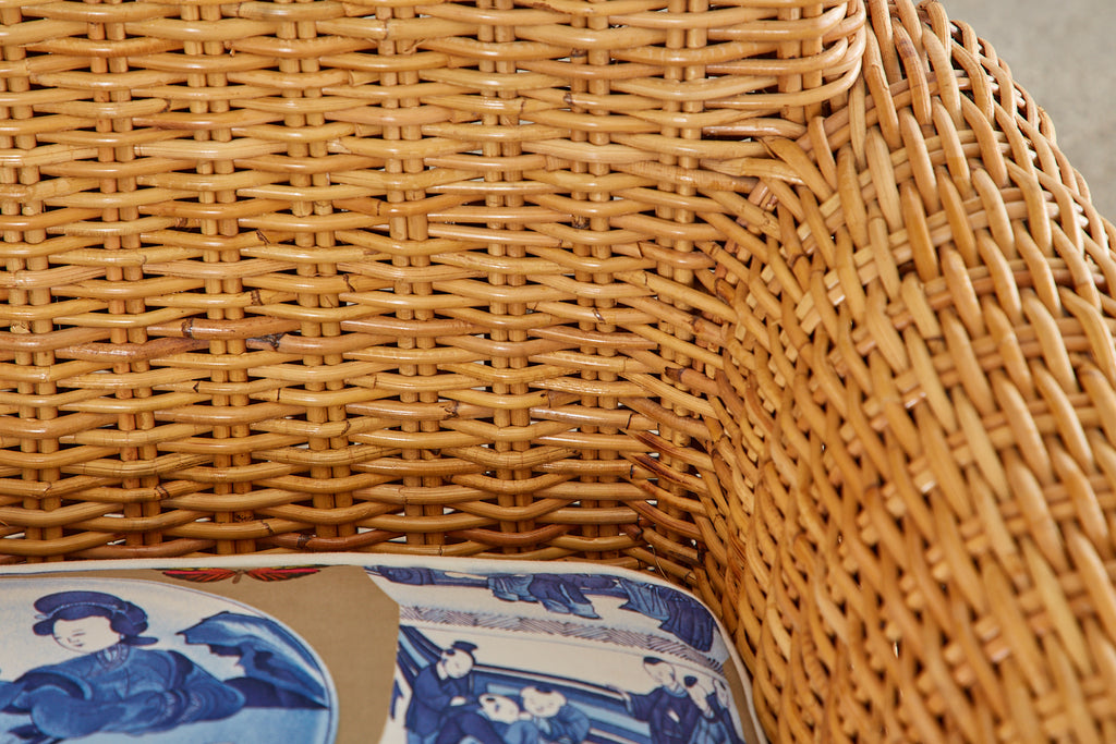 Wicker Rattan Settee and Armchair Chinoiserie Blue and White Upholstery