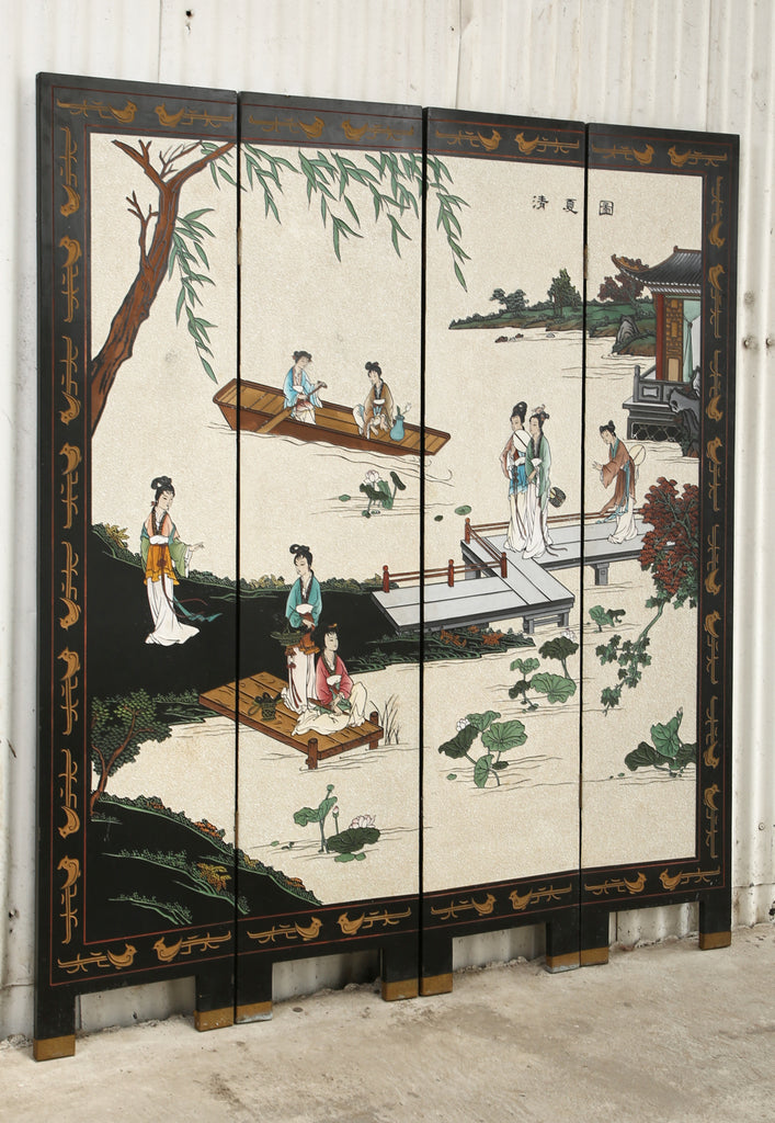 Chinese Export Four Panel Coromandel Screen Pearlescent Landscape