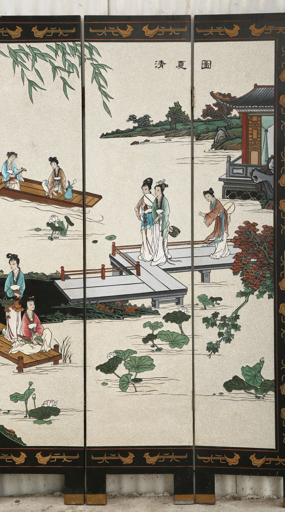 Chinese Export Four Panel Coromandel Screen Pearlescent Landscape