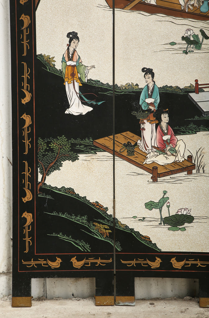 Chinese Export Four Panel Coromandel Screen Pearlescent Landscape