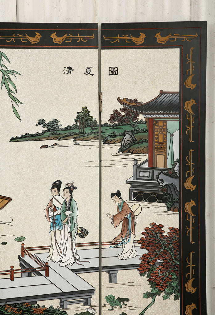 Chinese Export Four Panel Coromandel Screen Pearlescent Landscape