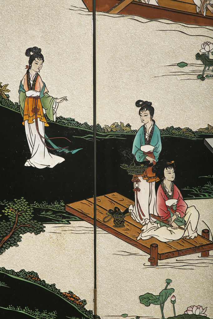 Chinese Export Four Panel Coromandel Screen Pearlescent Landscape