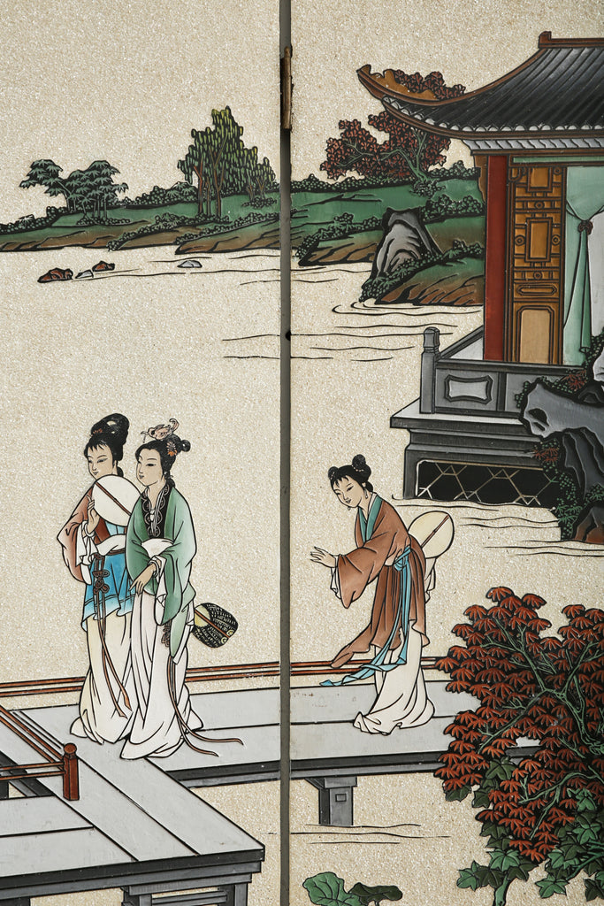 Chinese Export Four Panel Coromandel Screen Pearlescent Landscape