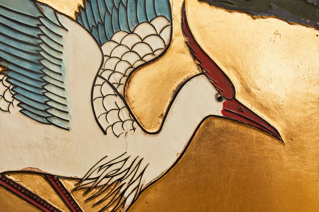 Chinese Export Four Panel Coromandel Screen Cranes on Gold Leaf